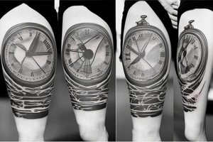 Tattoo of a sand time piece with a great background on calf tattoo idea