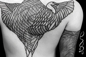 Contour of a swan, that has some Georgian words in it : including: სიცარიელე, იმედი, ამბავი. tattoo idea