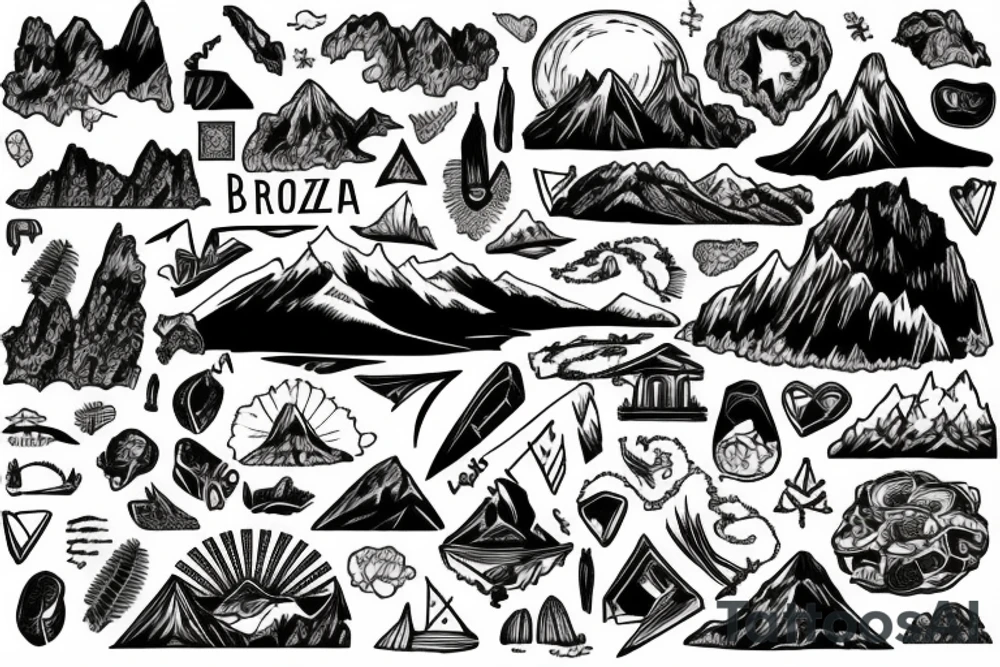 Script overlay, Brazil mountain overlooking beach tattoo idea