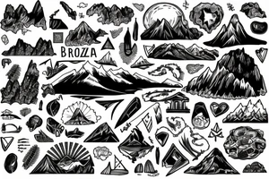 Script overlay, Brazil mountain overlooking beach tattoo idea