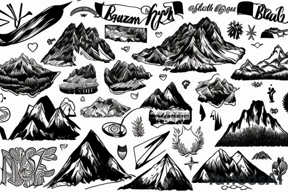 Script overlay, Brazil mountain overlooking beach tattoo idea
