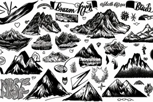Script overlay, Brazil mountain overlooking beach tattoo idea