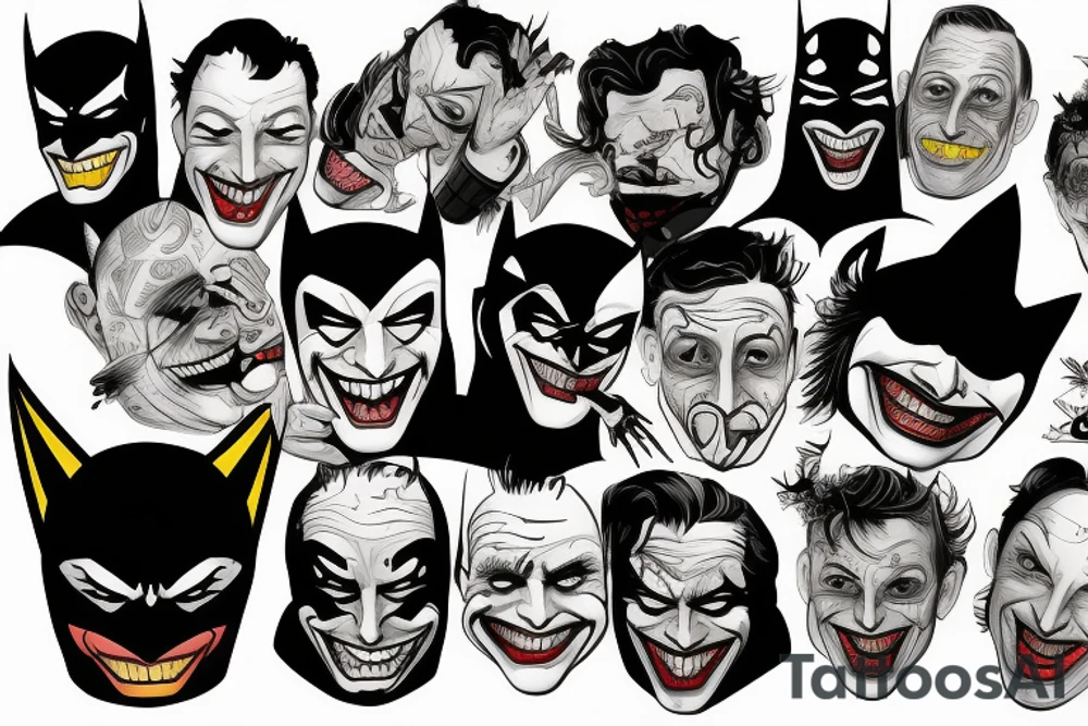 batman and joker, comedy and tragedy masks tattoo idea