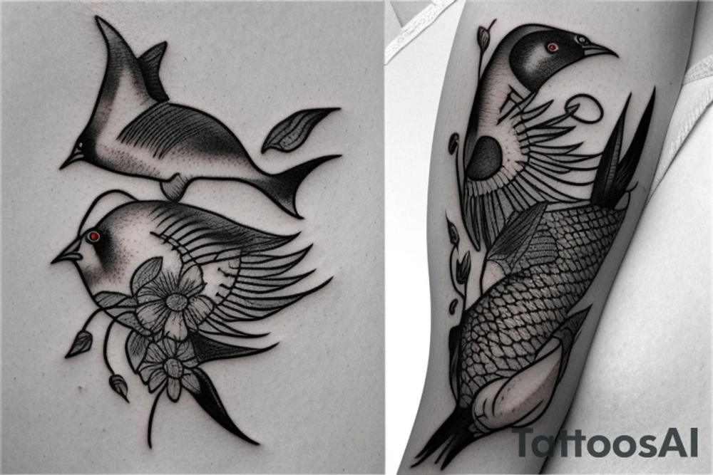 Women with pigeon and fish tattoo idea