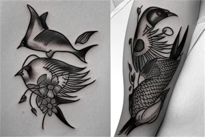 Women with pigeon and fish tattoo idea