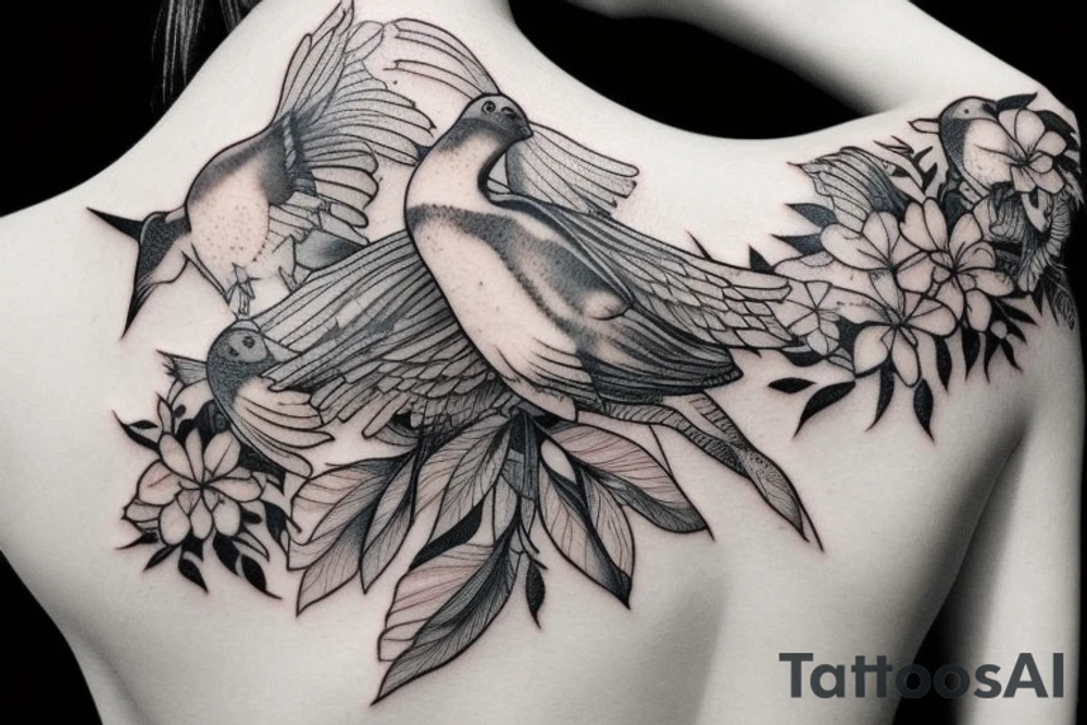 Women with pigeon and fish tattoo idea