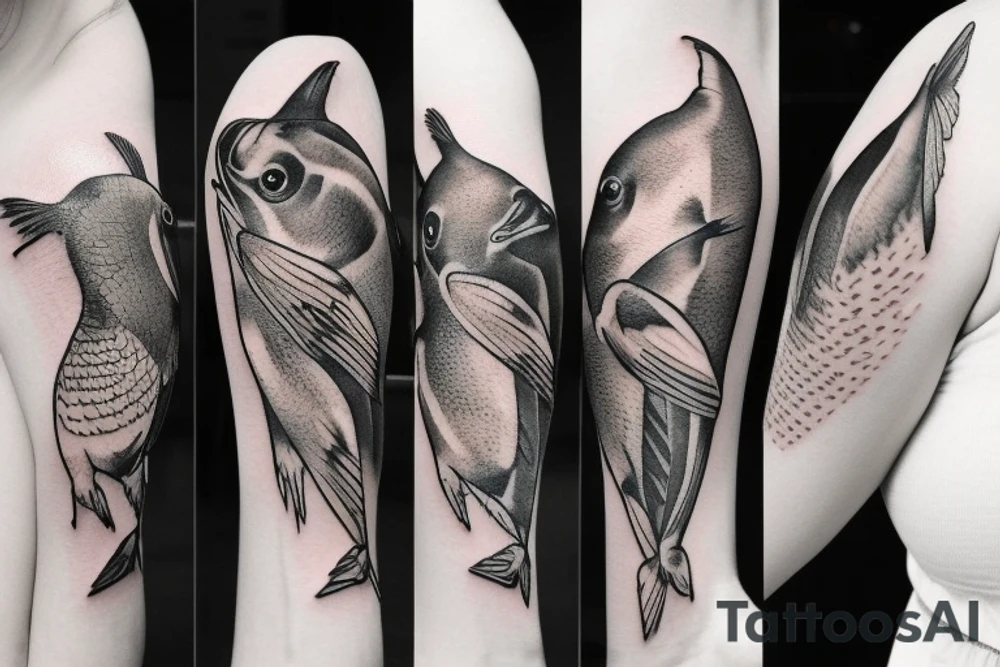 Women with pigeon and fish tattoo idea