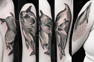 Women with pigeon and fish tattoo idea