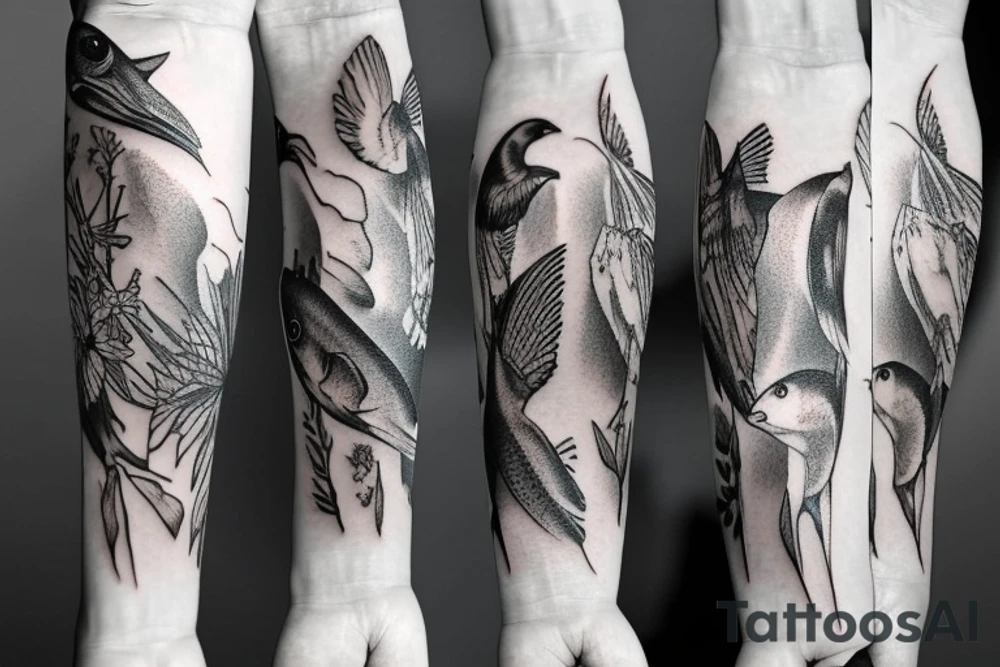 Women and bird and fish tattoo idea