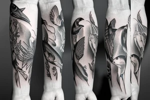 Women and bird and fish tattoo idea