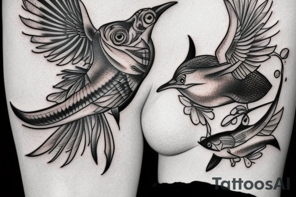 Women and bird and fish tattoo idea