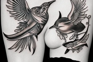 Women and bird and fish tattoo idea