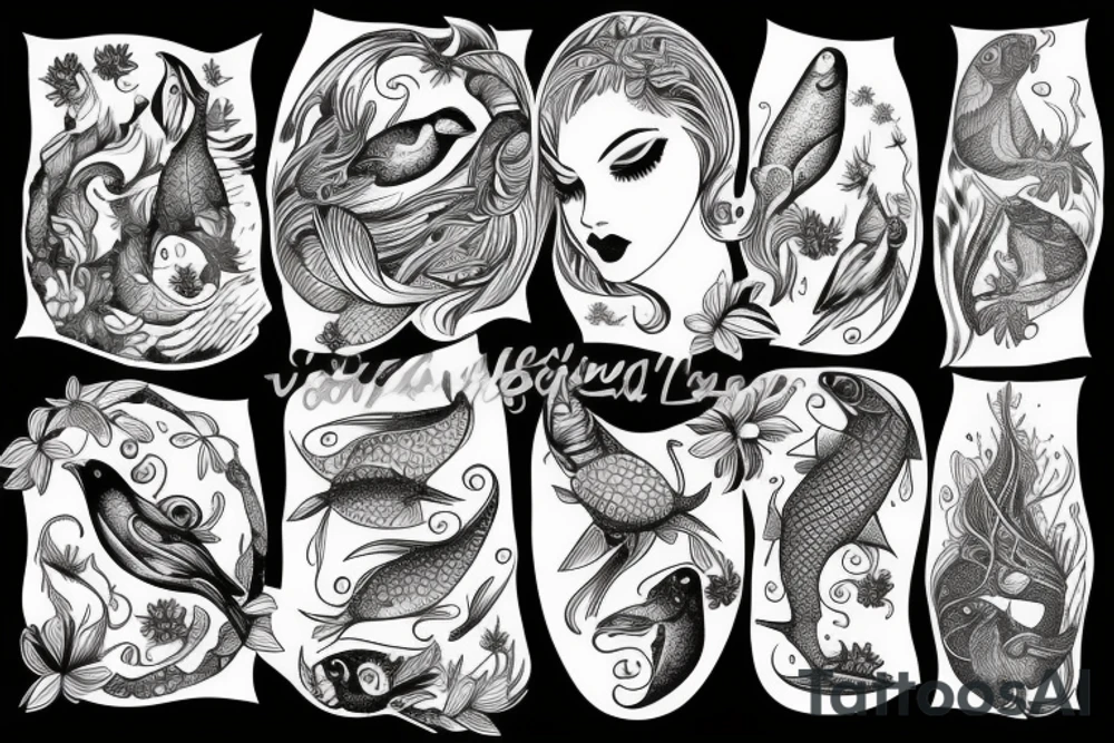Women and bird and fish tattoo idea