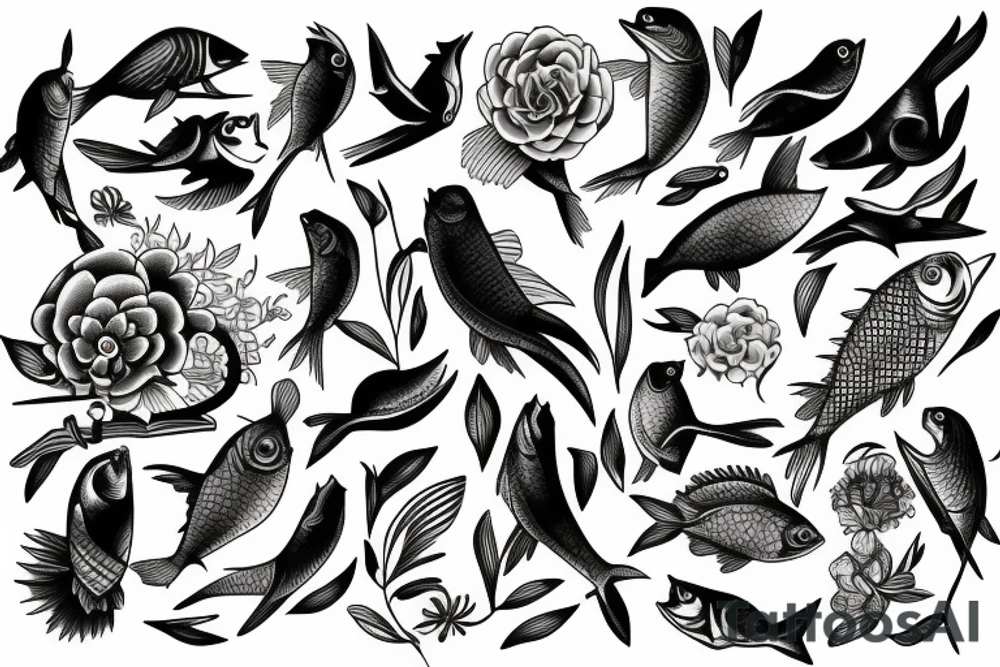Women and bird and fish tattoo idea