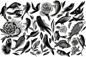 Women and bird and fish tattoo idea