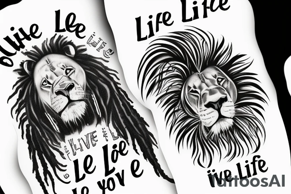 Forearm tattoo, a lion and Bob Marley together and underneath them the words “Live the life you love and love the life you live” I tattoo idea
