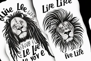 Forearm tattoo, a lion and Bob Marley together and underneath them the words “Live the life you love and love the life you live” I tattoo idea