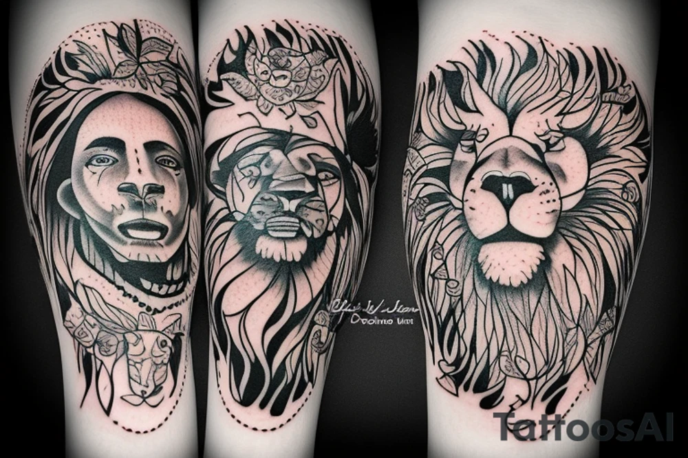 Forearm tattoo, a lion and Bob Marley together and underneath them the words “Live the life you love and love the life you live” I tattoo idea