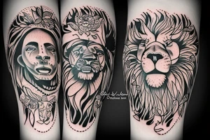 Forearm tattoo, a lion and Bob Marley together and underneath them the words “Live the life you love and love the life you live” I tattoo idea