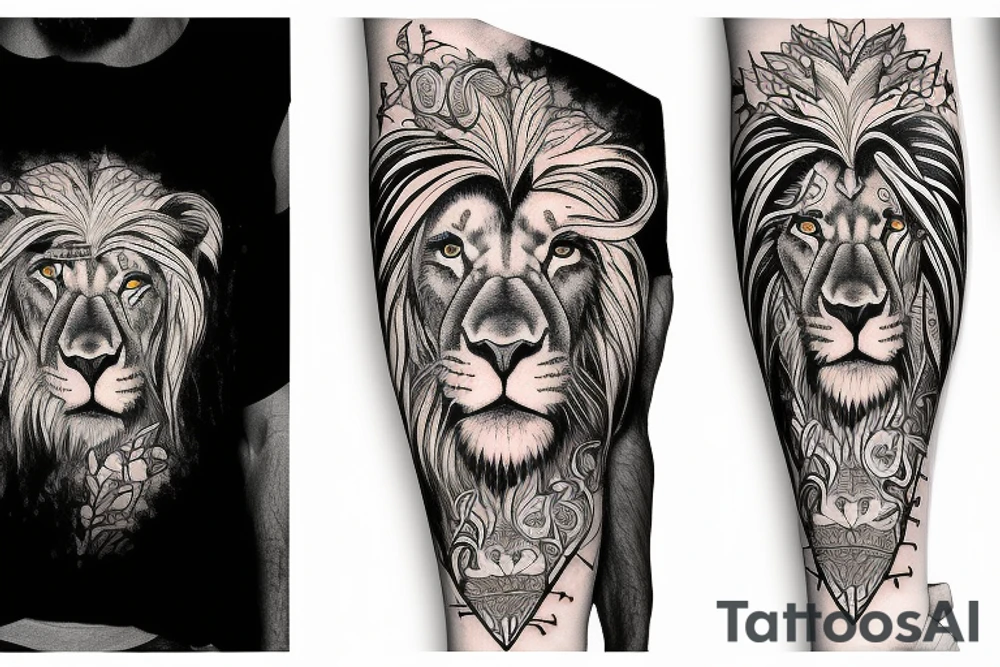 Forearm tattoo, a lion and Bob Marley side by side and underneath them the words “Live the life you love and love the life you live” I tattoo idea