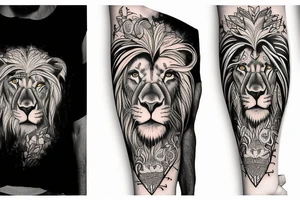 Forearm tattoo, a lion and Bob Marley side by side and underneath them the words “Live the life you love and love the life you live” I tattoo idea