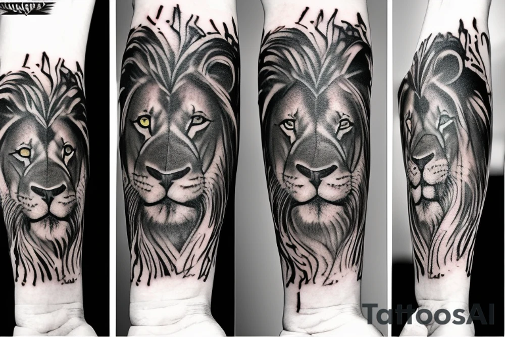 Forearm tattoo, a lion and Bob Marley side by side and underneath them the words “Live the life you love and love the life you live” I tattoo idea