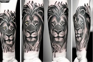 Forearm tattoo, a lion and Bob Marley side by side and underneath them the words “Live the life you love and love the life you live” I tattoo idea