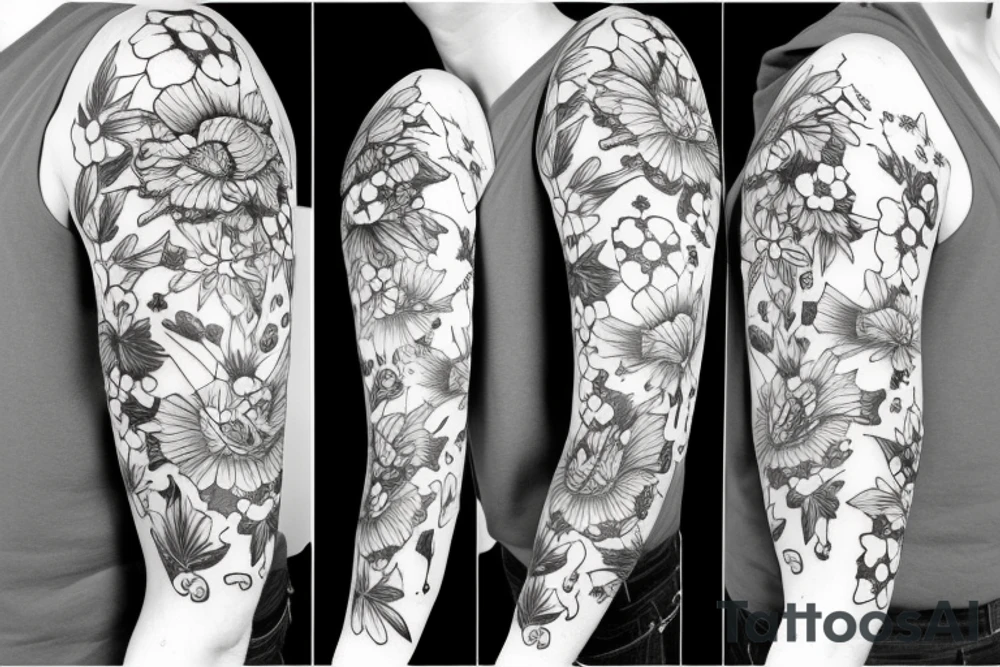sleeve with big bee, poppies and swallow tattoo idea