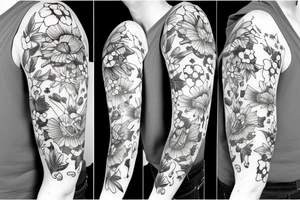 sleeve with big bee, poppies and swallow tattoo idea