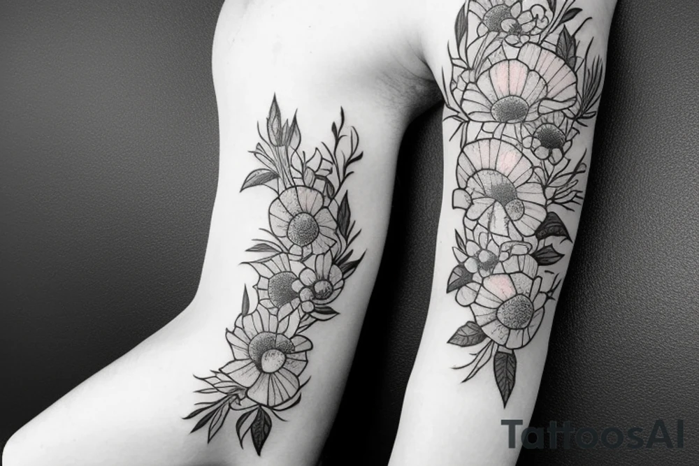 sleeve with big bee, poppies and swallow tattoo idea