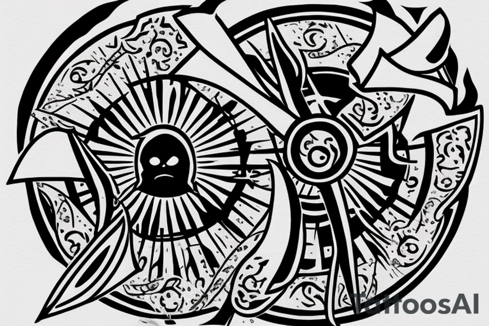 A longsword within a sun with carpe diem written in roman style text along the blade tattoo idea
