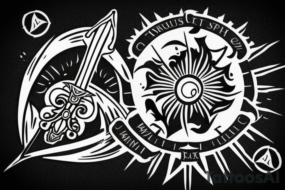 A longsword within a sun with carpe diem written in roman style text along the blade tattoo idea
