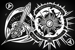 A longsword within a sun with carpe diem written in roman style text along the blade tattoo idea
