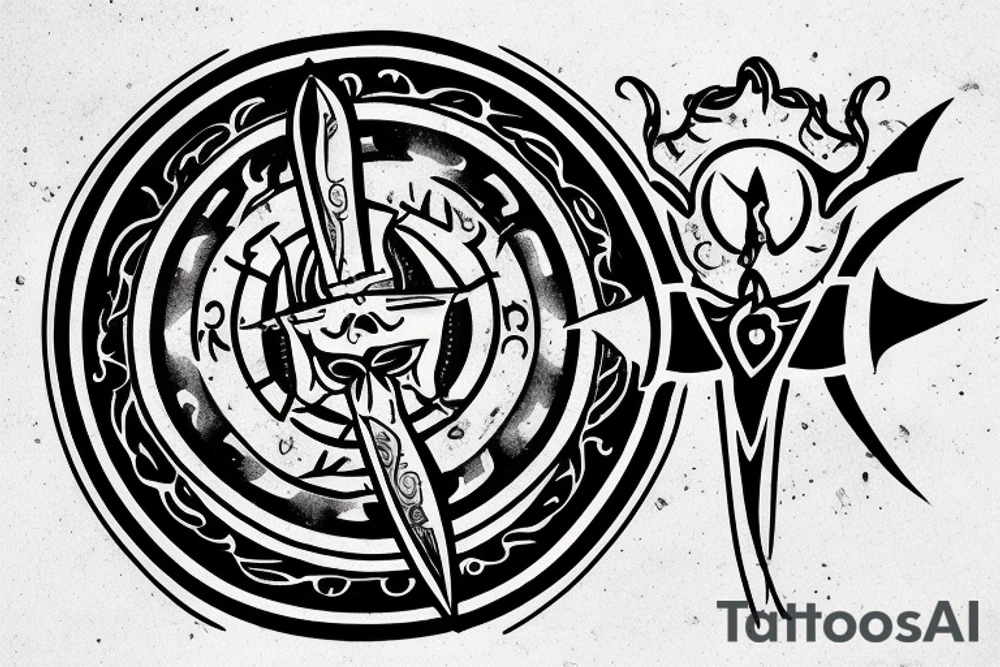 A longsword within a sun with carpe diem written in roman style text along the blade tattoo idea