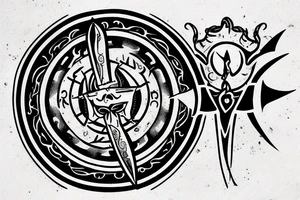 A longsword within a sun with carpe diem written in roman style text along the blade tattoo idea