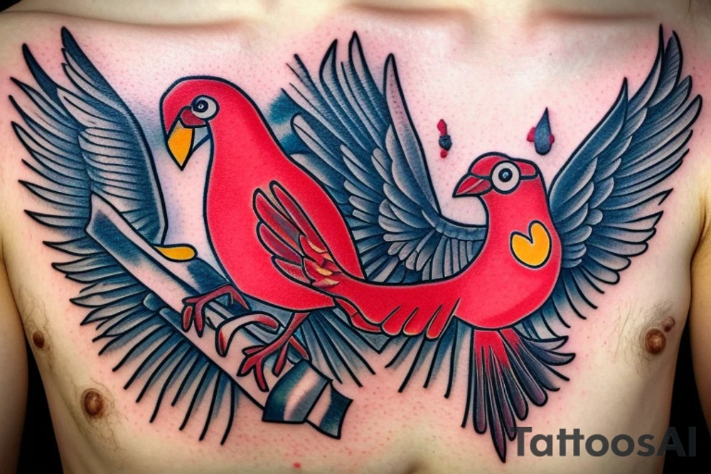 Red liverbird perched on top of gold fouled anchor tattoo idea
