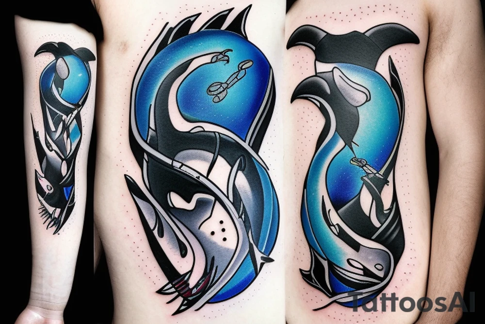 Angry Killer Whale with blue fire eyes tattoo idea