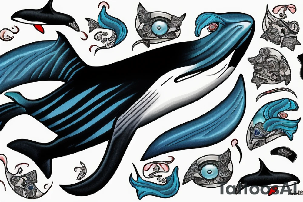 Angry Killer Whale with blue fire eyes tattoo idea