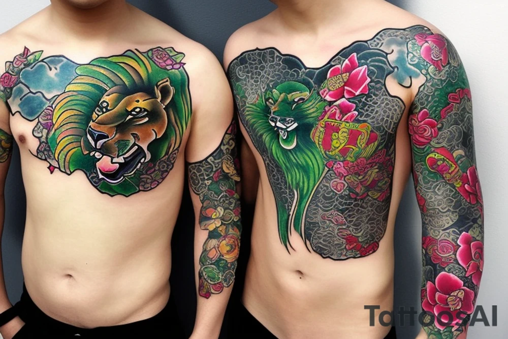 Lion on chest and sleeve with japanese topics with live green color tattoo idea
