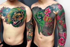 Lion on chest and sleeve with japanese topics with live green color tattoo idea