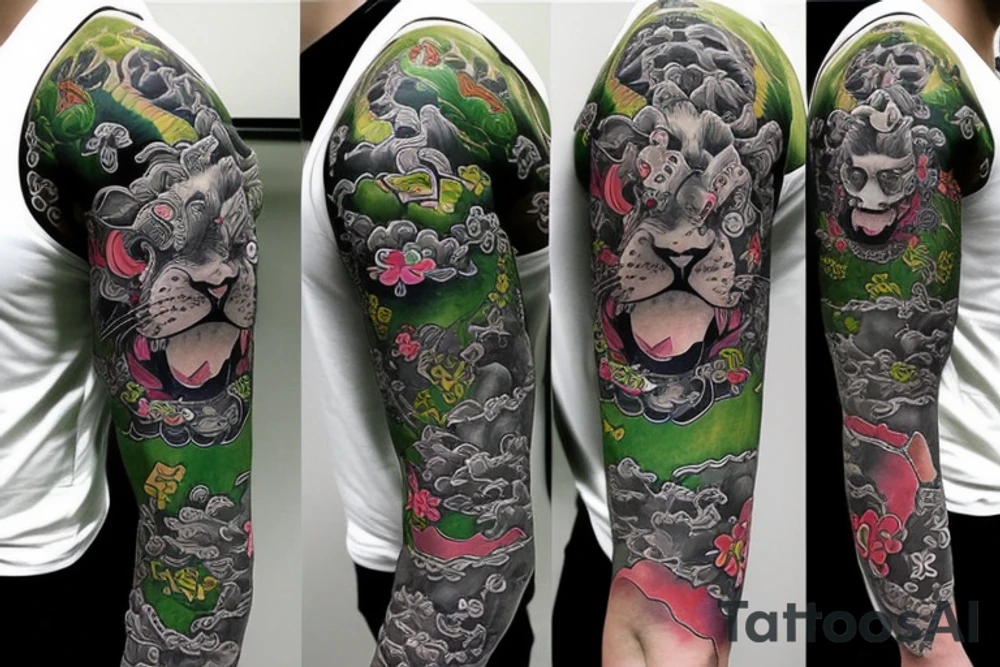 Lion on chest and sleeve with japanese topics with live green color tattoo idea