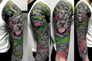 Lion on chest and sleeve with japanese topics with live green color tattoo idea