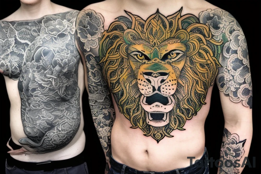 Lion on chest and full sleeve with japanese topics with live green color tattoo idea