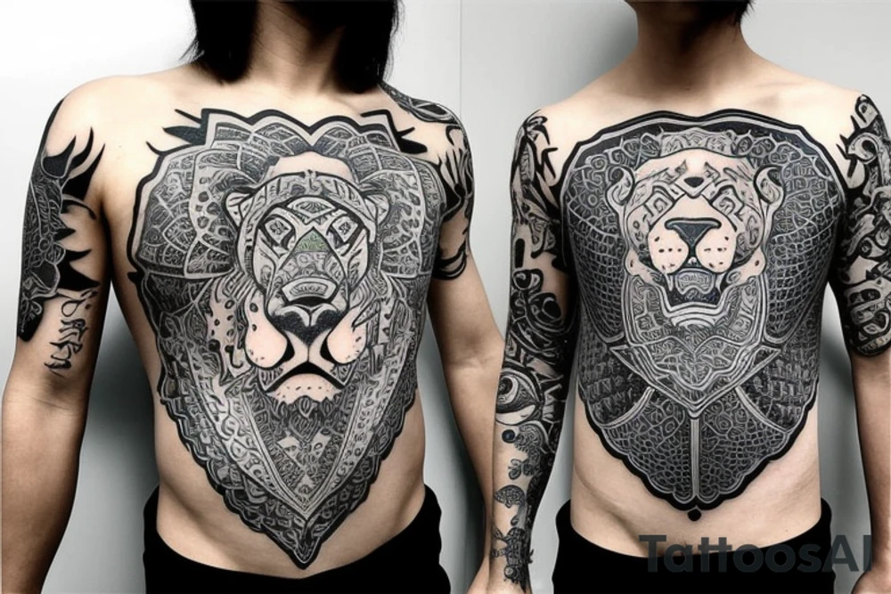Lion on chest and full sleeve with japanese topics with live green color tattoo idea