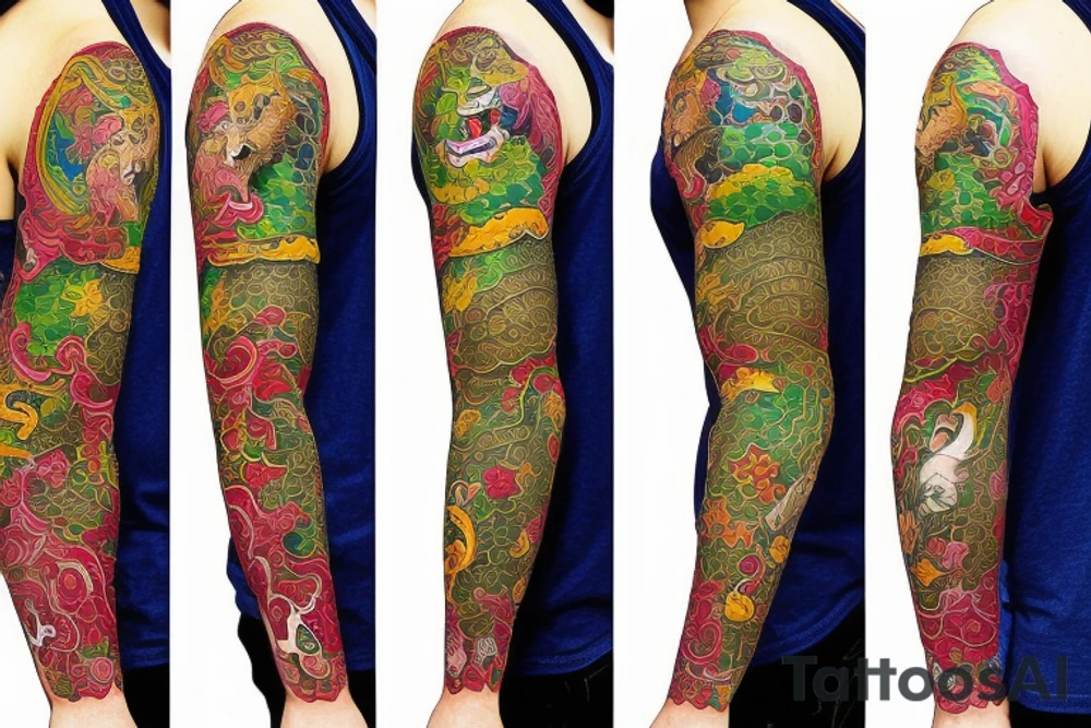 Lion on left chest and full sleeve with japanese topics with live green color tattoo idea