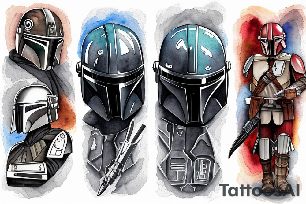 Sleeve tattoo with mandalorian mythosaur tattoo idea