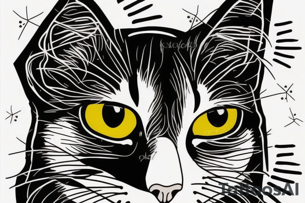 Black and white tuxedo cat with yellow eyes and off center white stripe on face tattoo idea