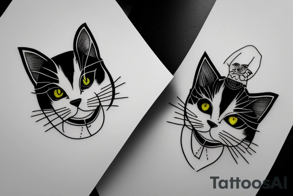 Black and white tuxedo cat with yellow eyes and off center white stripe on face tattoo idea