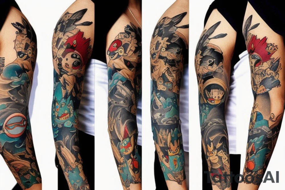 Sleeve tattoo with pokemon tattoo idea