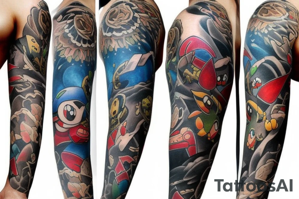 Sleeve tattoo with pokemon tattoo idea